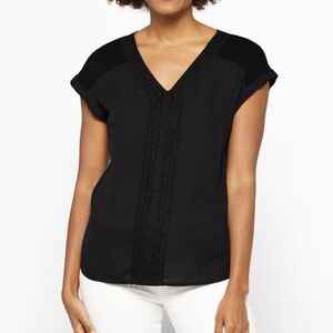 Black Crochet Trim V Neck Mixed Material Short Sleeve Blouse Large Zora